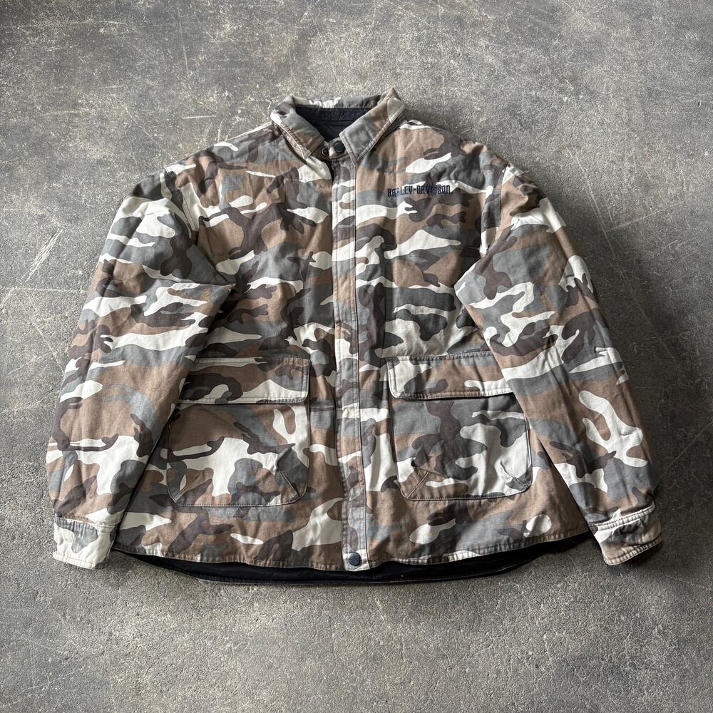 Harley Davidson Reversible Camo Down Puffer Jacket Size XL Green Black Insulated